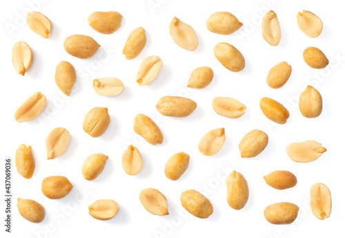 collection of single roasted peeled peanut isolated on white background, top view