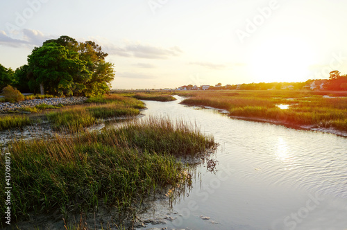View of coastal homes along the marsh waterways in the Low Country near Charleston SC