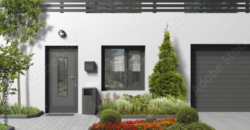 Modern monochrome architectural element of the building facade. 3D rendering of a city house with a dark front door, window, trees and plants.