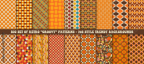 Big set of 18 colorful retro patterns. Vector trendy backgrounds in 70s style. Abstract modern geometric and floral ornaments, vintage backgrounds