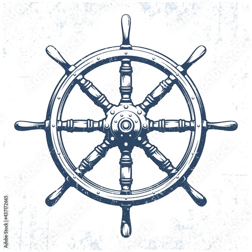 Ship's wheel vintage grunge vector illustration. Retro rudder wheel tattoo.