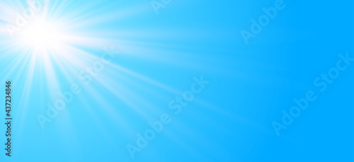 Sun in the blue cloudless sky. Clear blue sky with shining sun. Natural panoramic with bright sunlight background. Summer, spring background. Vector illustration with copy space