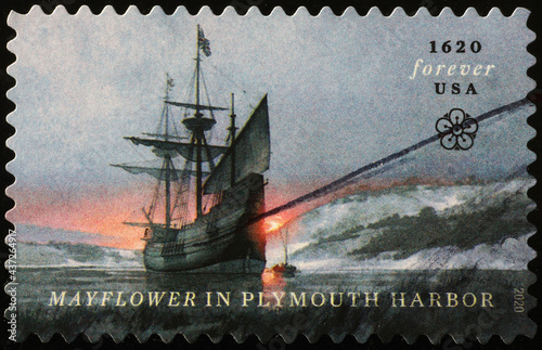 Mayflower in Plymouth harbor on american postage stamp