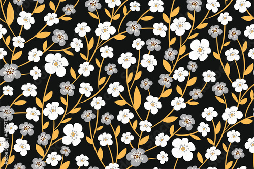 Luxurious floral pattern with silver and white flowers, gold leaves on a black background. Elegant decorative botanical print with floral branches in a hand-drawn style. Vector design.