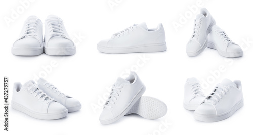Stylish sneakers isolated on white background. Set of white sport shoes