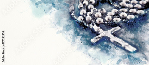 Rosary. Christian banner. Watercolor..