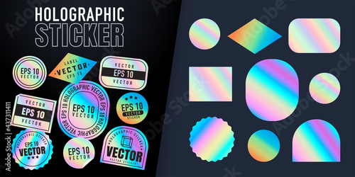 Holographic stickers. Hologram labels of different shapes. Colored blank rainbow shiny emblems, label. Paper Stickers. Vector illustration