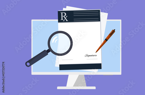 Prescription rx online. Electronic digital search or signing of a medical recipe or search over the Internet. Document form on laptop screen with magnifying glass and pen . Vector illustration