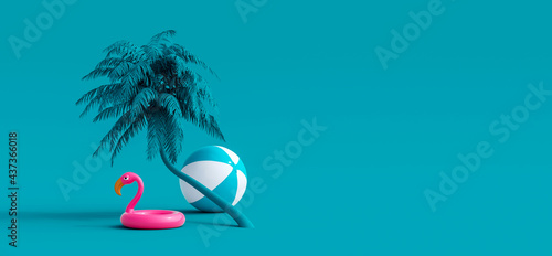 Pink flamingo and palm tree on blue summer background 3D Rendering, 3D Illustration