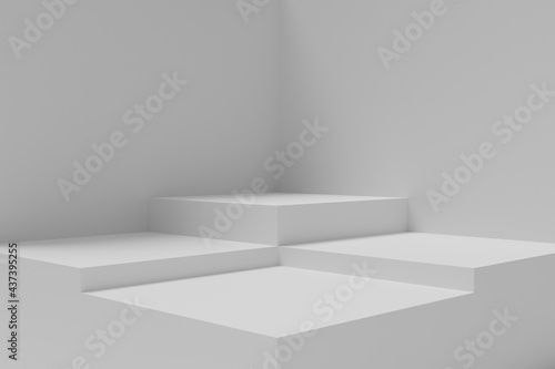 Blank white product podium pedestal, a platform for design, stage platform, showcase, isolated on minimalism gray abstract background with shadow. 3D rendering
