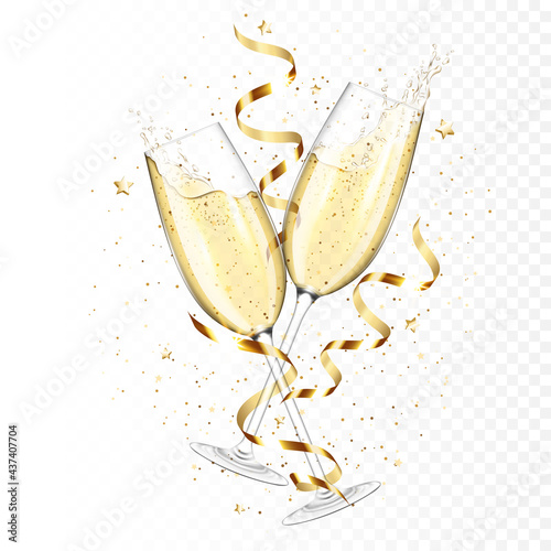 Transparent realistic two glasses of champagne with ribbons and confetti, isolated.