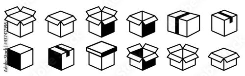 Box line icons. Empty open shipping box or unboxing line art. Carton boxes icon set. Stock vector. Vector illustration.