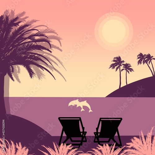 Tropical island with palm trees, pink sky, sunshine, jumping dolphins and two sun loungers flat illustration 