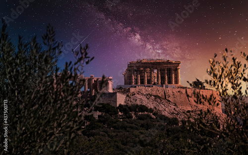 Parthenon on Acropolis of Athens Greece and starry night sky, scenic view