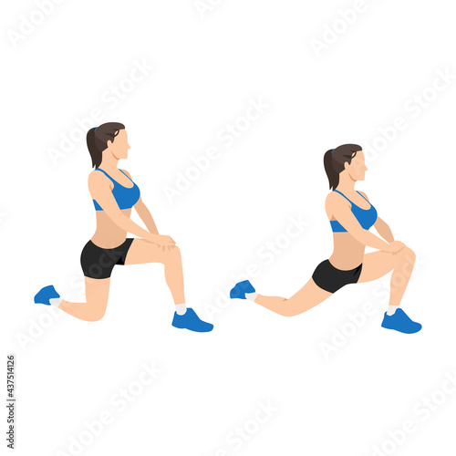 Woman doing Kneeling hip flexor stretch exercise. Flat vector illustration isolated on white background