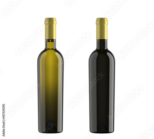 Collection Bottles of red and white wine, 500ml conical bordolese bottle, isolated on white background, for making packshot and mockup, 3d rendering.