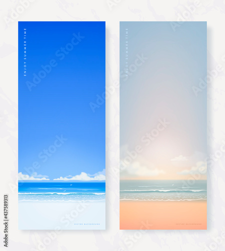 Set of vector beautiful realistic illustration of sandy summer beach. Summer holidays rollup design template