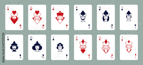 King, Queen and Jack of the poker deck. Hearts, Spades, Clubs and Diamonds.