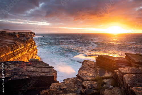 Sunset and cliffs at Yesnaby, Orkney
