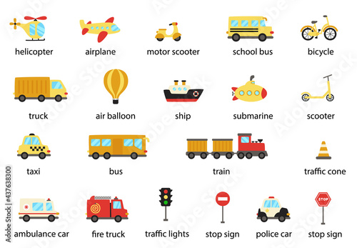 Set of transportation means with names. Vector illustrations.