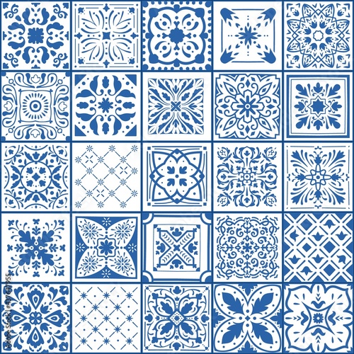 Portugal tile. Spanish square floor and wall covers. Blue and white ornamental arabesque pattern. Geometric patchwork flooring samples set. Vector abstract traditional mosaic texture