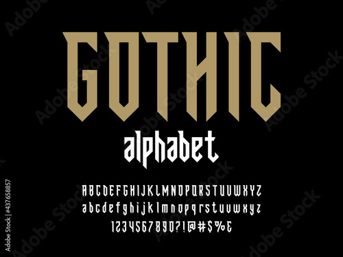 Modern gothic style alphabet design with uppercase, lowercase, numbers and symbols