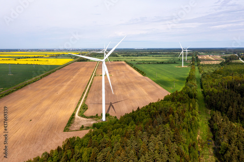 aerial view of wind turbines farm, sustainable and clean electric power, future of renewable energy