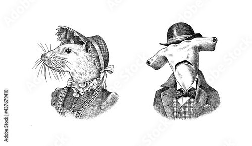 White Mouse and Great hammerhead shark in hat and suit. Victorian lady or woman and man. Fashion animal character. Vector engraved illustration for logo and T-shirts or tattoo. Hand drawn sketch.