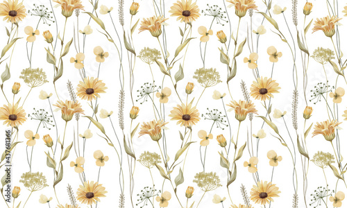 Hand drawn watercolor seamless pattern with meadow wild flowers. Calendula flowers pattern