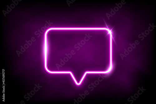 Glowing pink neon speech bubble sign. Electric light rectangle frame isolated on dark background with fog. Vector design element.