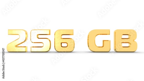 Yellow or gold 3D text "256 gb" on a white background with a shadow at the bottom. Rendering an image.