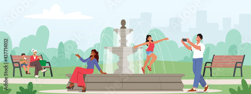 Happy Characters Walking in Park, Little Girl Posing for Father on Fountain, Woman Sitting on Parapet, Boy and Granny