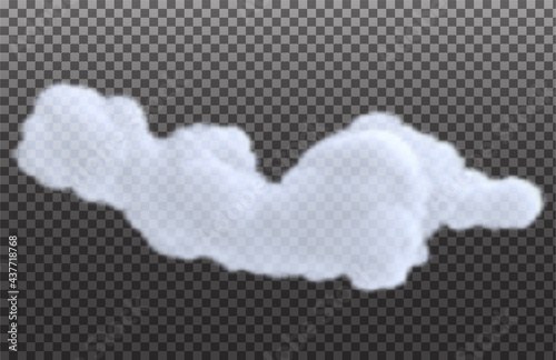 Realistic white cloud isolated on transparent background. Bright design element. Vector illustration.