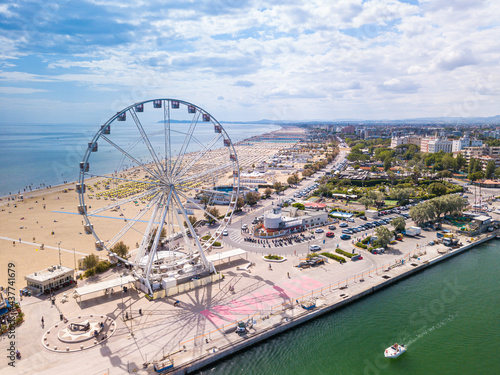 Italy June 2021, aerial view of the Romagna Riviera starting from the Rimini Ferris wheel