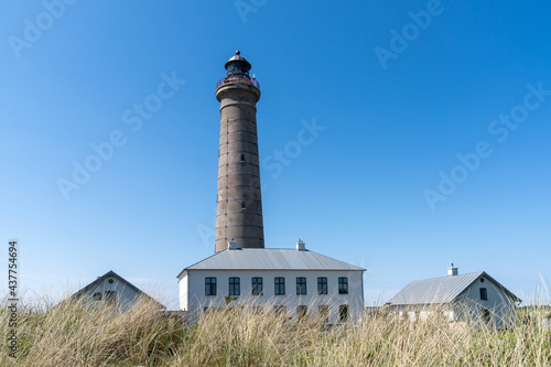 view of the lighthouse of Skagen and sand dunes with grasses in the foreground