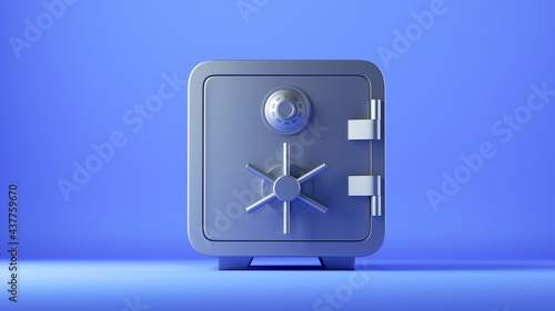 3d render, closed metallic safe box isolated on blue background. Frontal view. Banking safety clip art.