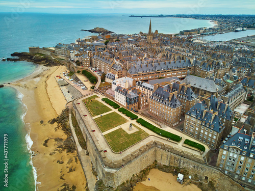 Scenic aerial drone view of Saint-Malo Intra-Muros, Brittany, France