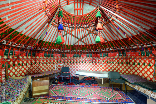 Inside view of a yurt in Bokonbayevo, Kyrgyzstan. Circular tent used as a house by dungan and nomadic groups in Central Asia. Ger interior.