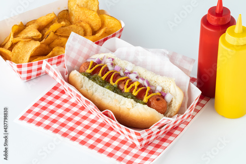 Close up of a hotdog in a red and white checkered tray with a bottle of ketchup and mustard and potato chips in behind.