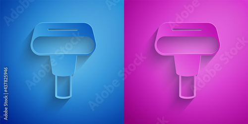 Paper cut Portable home and travel garment steamer for clothes icon isolated on blue and purple background. Paper art style. Vector