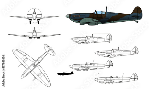 Supermarine, Spitfire, WWII fighter aircraft. Vector illustration in black and white line drawing. Color side profile.