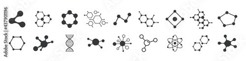 Set of molecule badge. Connected hexagonal molecule badge. Molecular structure. DNA connect diagram. Medical label or icons. Vector illustration.