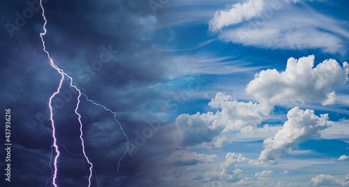 Background from sky with bad and good weather. Lightning next to a clear cloudy sky. Concept is abrupt change in weather. Background for weather forecast. Thunderstorm front next to a sunny sky.