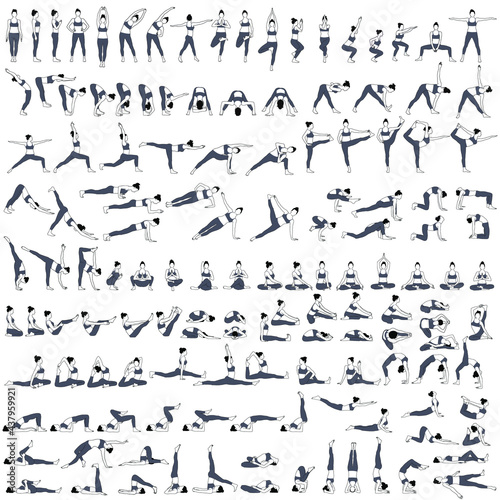 Set of vector silhouettes of woman doing yoga exercises. Icons of girl stretching and relaxing her body in many different yoga poses. Black shapes of woman isolated on white background. Yoga complex.