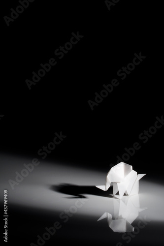 Beautiful back light scene of colored origami elephants isolated on black background