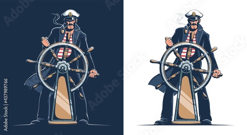 Captain of the ship. Sailor in captain uniform at the helm of the ship. Vector illustration.