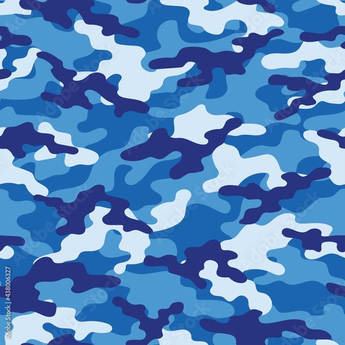 Abstract seamless military blue camo texture for print. Forest background. Vector