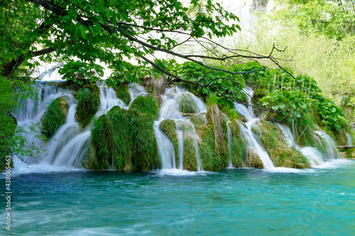 Plitvice Lakes National Park waterfall landscape with turquoise blue and green water in Croatia. 