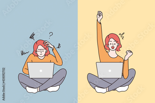 Feeling doubt and having great idea concept. Young frustrated woman sitting on floor feeling doubt with question signs above and having great idea vector illustration 