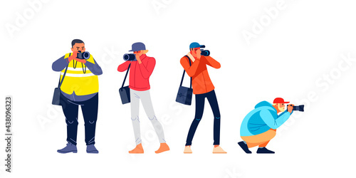 Photographers or paparazzi taking photo. Photojournalist, cameraman documenting war and conflict, street riots. Characters Journalist reporters making pictures. Cartoon flat style vector illustration